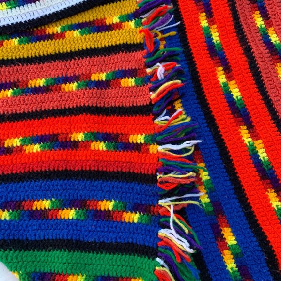 VTG Handmade Rainbow Striped Fringed Afghan Throw - Picture 8 of 10